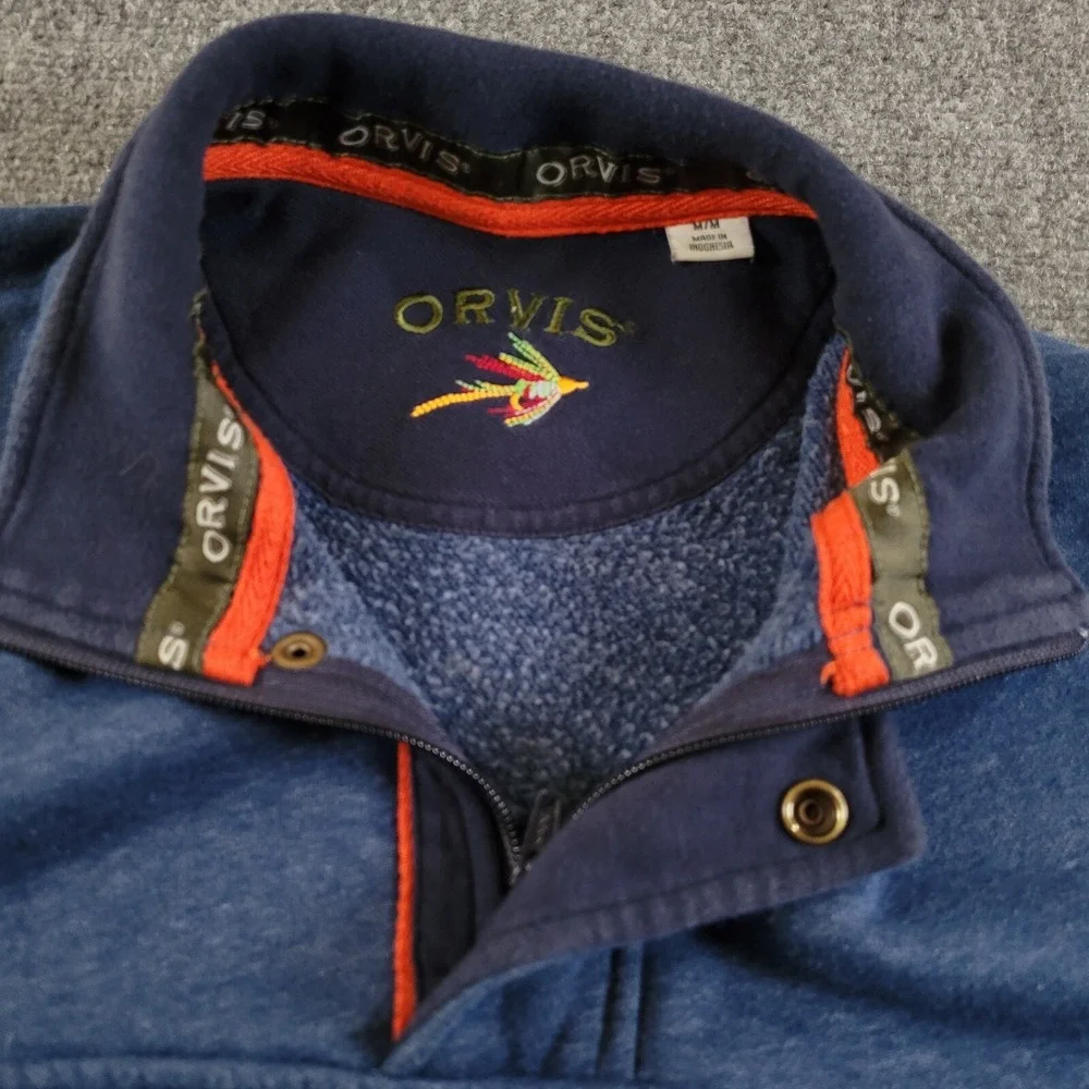 Orvis Men's Signature Fleece Jacket Men's M 1/4 Zip‎ Snap Sweatshirt Blue 615914